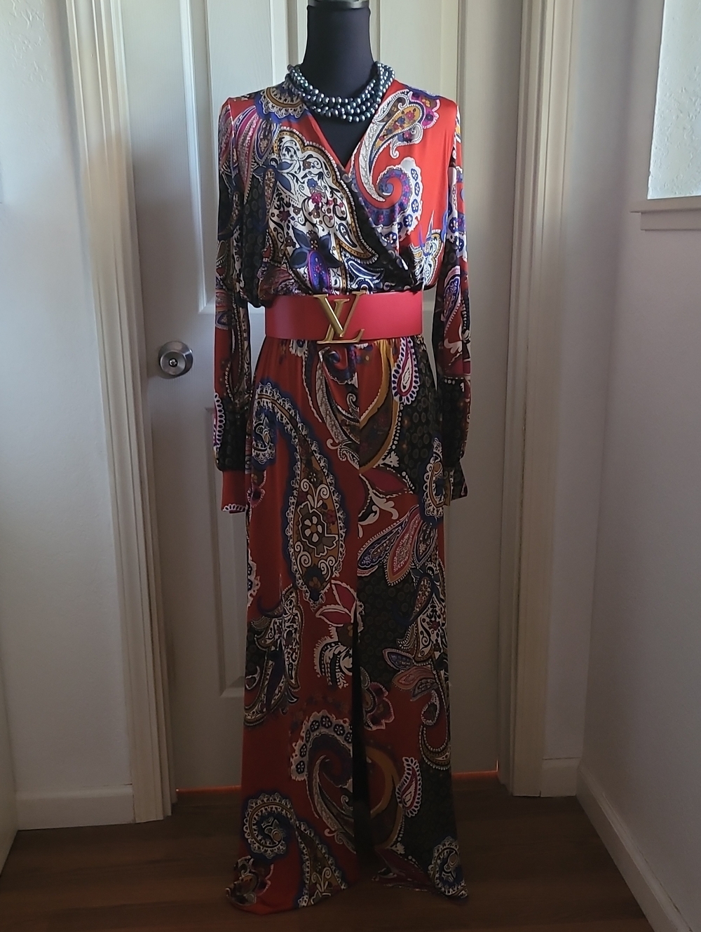 S-Twelve Red Multi Paisley Maxi Dress V NECK NEW SIZE M
